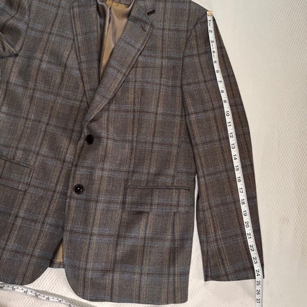 UNTUCKit Harewood Blazer Mens 42S Marzotto Super 110s Wool Plaid Tan Blue 40777 - Picture 4 of 10